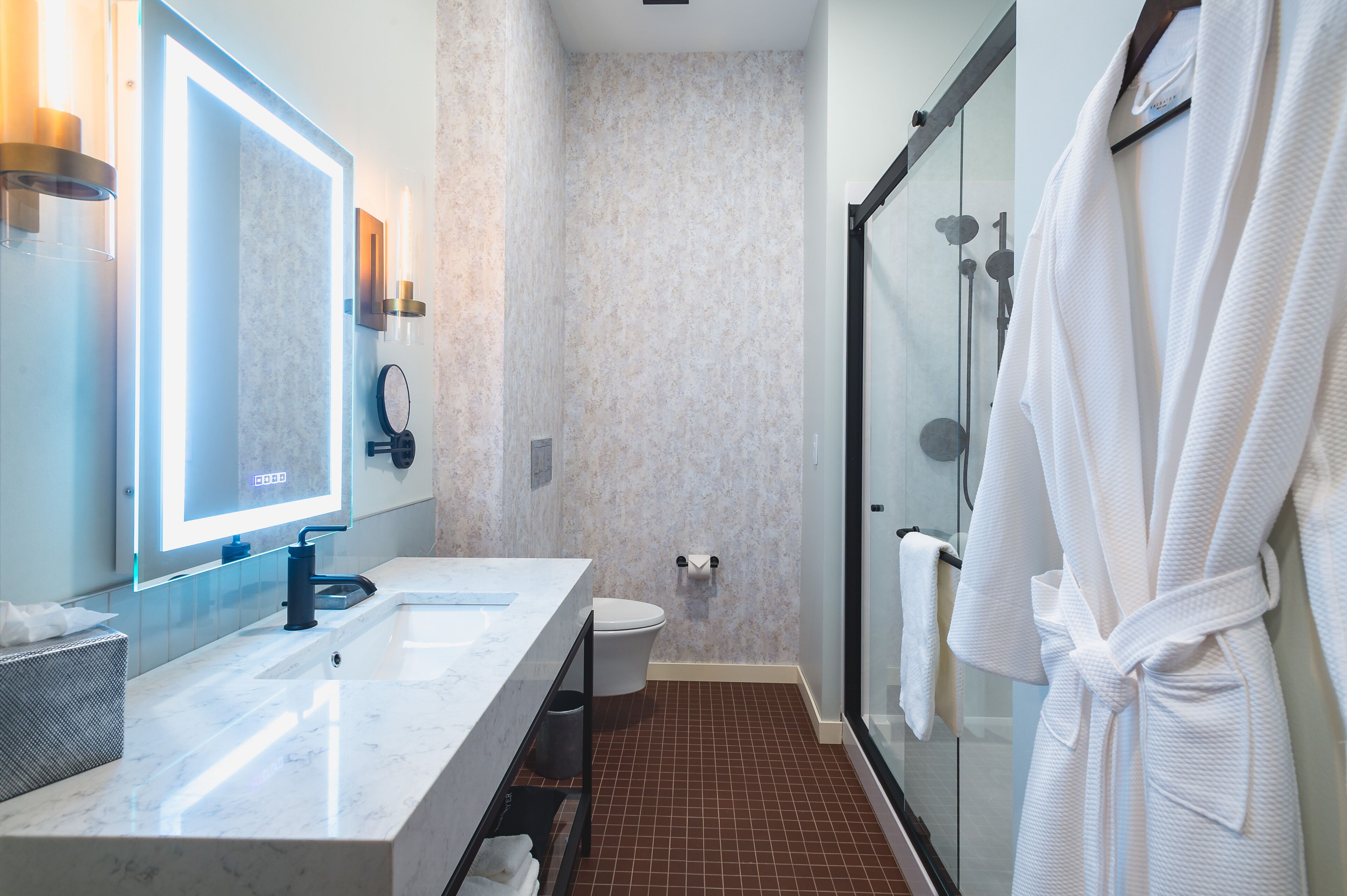 signature room | bathroom | shower, rainfall showerhead, designer toiletries, hair dryer
