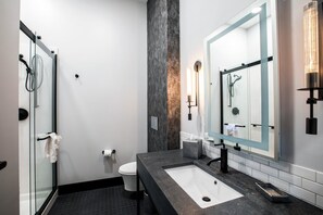 Found Money King Room | Bathroom | Shower, rainfall showerhead, designer toiletries, hair dryer - The Vault Hotel (Houghton)
