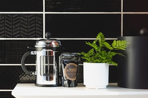 Una encimera de cocina con una cafetera, un recipiente de café y una planta en maceta.