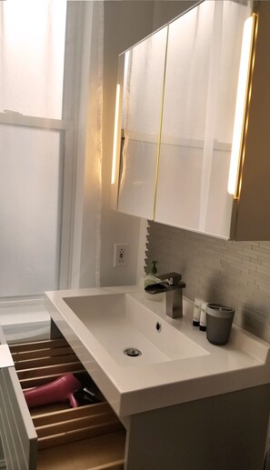 Tina, secadora de cabello, toallas, papel de baño 