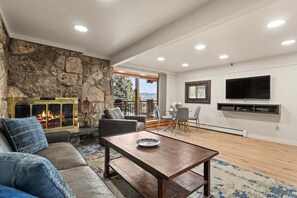 Fireplace, video games, DVD player, books