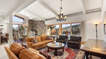 TV, fireplace, books, video library