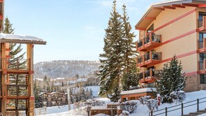 Un espace extérieur enneigé, agrémenté d’une structure en bois, d’un grand arbre à feuilles persistantes et d’un bâtiment doté de balcons.