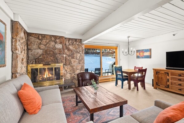 Een open haard, een dvd-speler, boeken en een filmbibliotheek