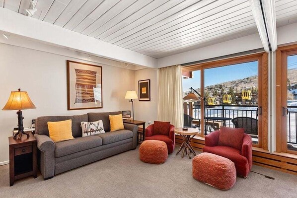 Fireplace, books, video library, stereo