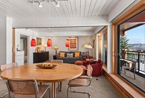 TV, fireplace, books, video library