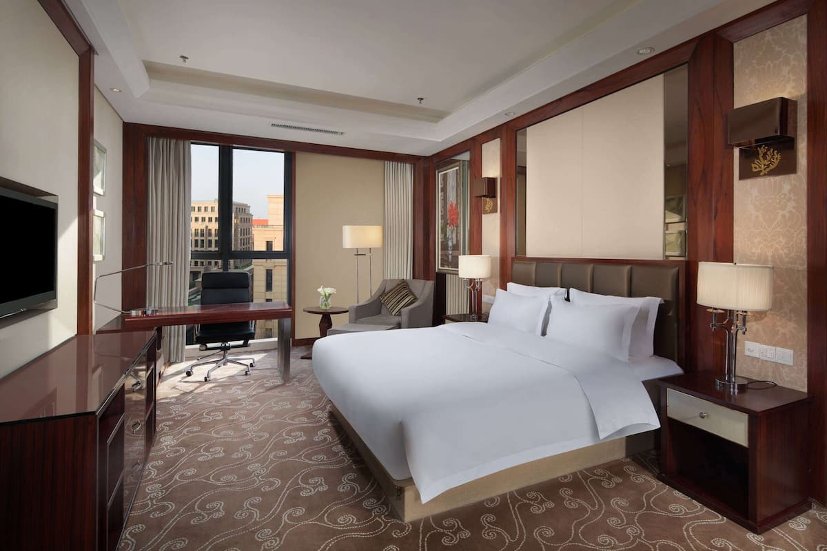 A hotel room with a large bed, a desk, a chair, a TV, and a view of the city.