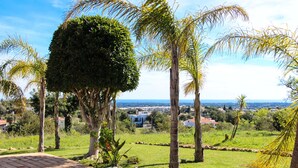 A patio with a view of a cityscape, surrounded by palm trees and greenery. - Beautiful Restored Algarve Typical Farmhouse, With Private Pool And Sea Views (Loulé)