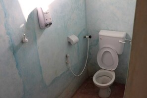 Et lille, simpelt badeværelse med toilet, hårtørrer og papirhåndklædeholder.