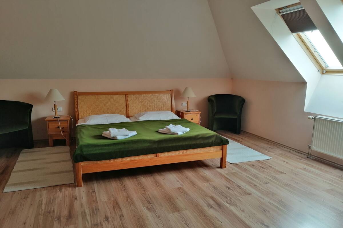 Un dormitorio ordenado con una cama de madera, colcha verde, dos lámparas de noche y un tragaluz.
