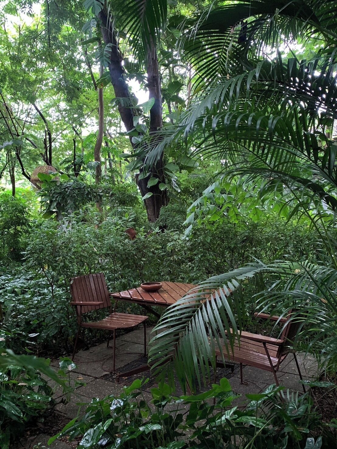 A secluded outdoor seating area with wooden furniture amidst lush greenery and trees.