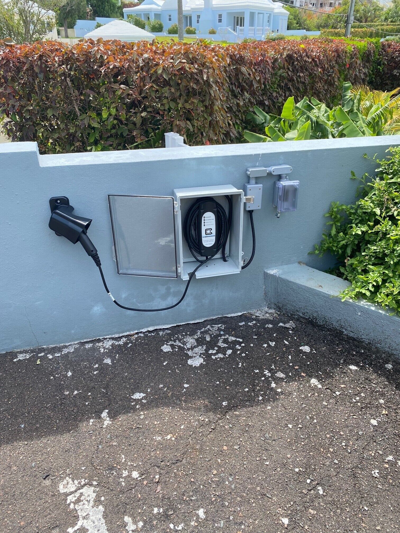 A rooftop with a power outlet and a cable box, surrounded by greenery and a concrete wall.