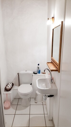 A small bathroom with a toilet, sink, and mirror. - Homerez - Villa in Sisteron with Pool (Sisteron)
