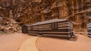 Una caravana tipo RV con exterior a rayas, estacionada en un entorno desértico con acantilados rocosos al fondo.