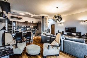 TV, fireplace, books - Orchids Suite. Old Town Roof Terrace Best View Two bedrooms Free Parking  (Kaunas)