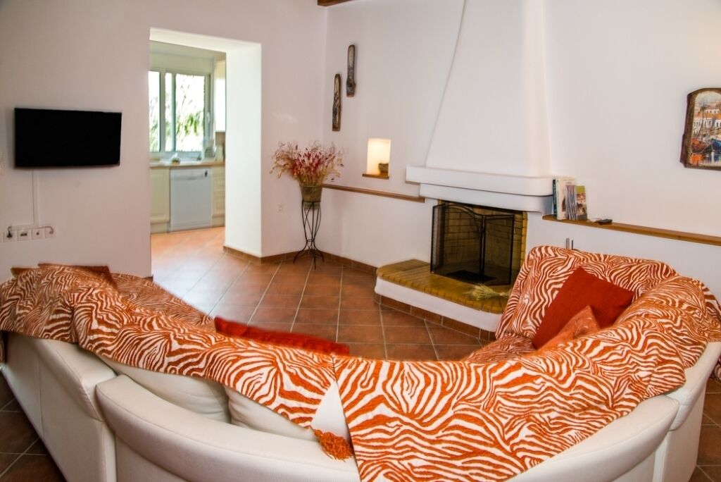 Een televisie, een open haard en boeken