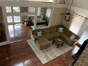 TV, fireplace, books
