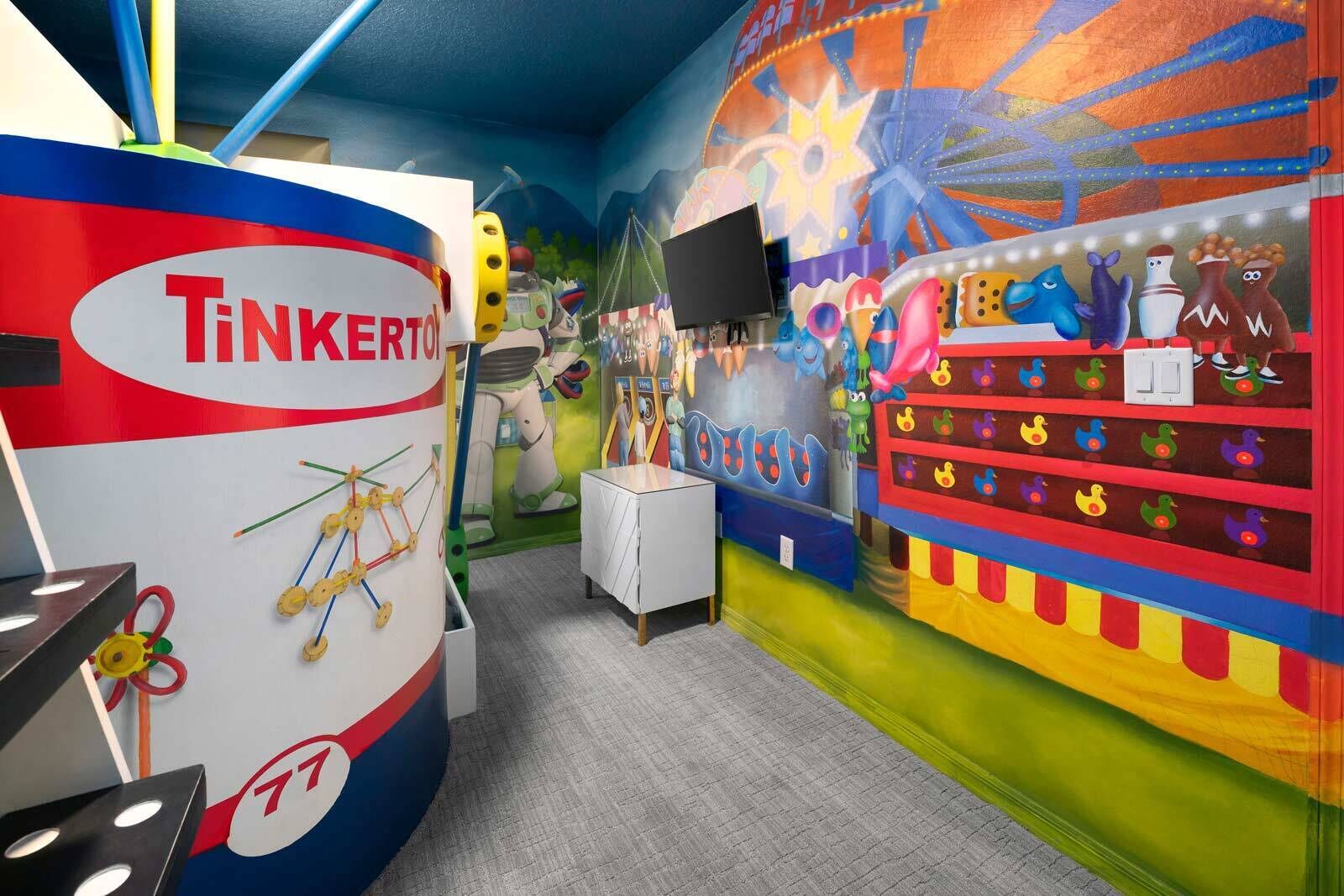 A colorful room with a Tinkertoy display, a wall with a Ferris wheel mural, and a shelf with colorful duck figurines.