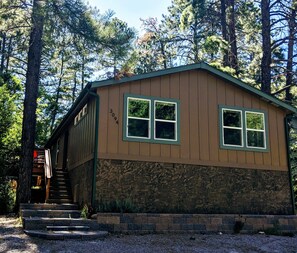 Une petite cabane à un seul étage, aux murs extérieurs bruns et aux bordures vertes, entourée de grands arbres.