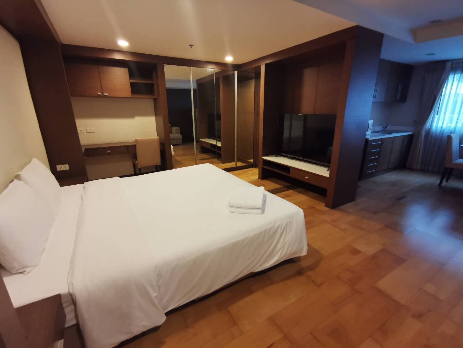 Desk, laptop workspace, blackout curtains, free WiFi