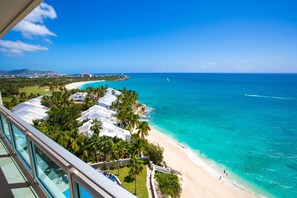 On the beach, sun-loungers, beach towels