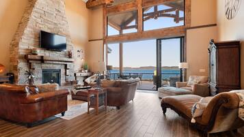 TV, fireplace, video game console, table football