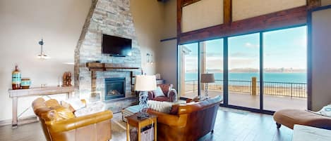 TV, fireplace, video-game console, foosball