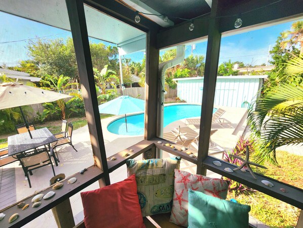 Outdoor dining - Beach House with Ocean View, Heated Pool, and Rooftop Deck! Dog-friendly! (Cocoa Beach)