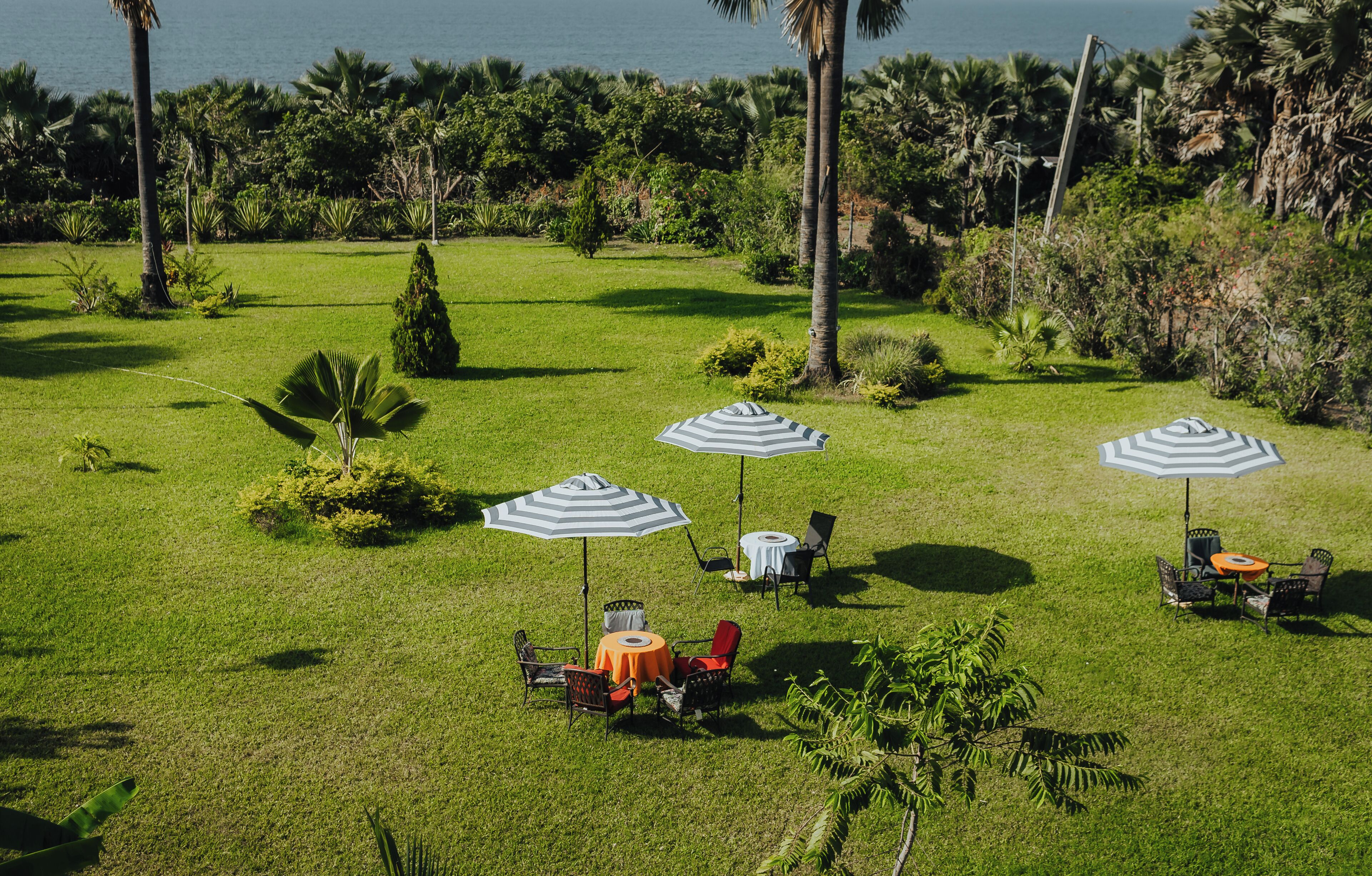 Een gazon met verschillende tafels en stoelen, elk onder een gestreepte parasol.