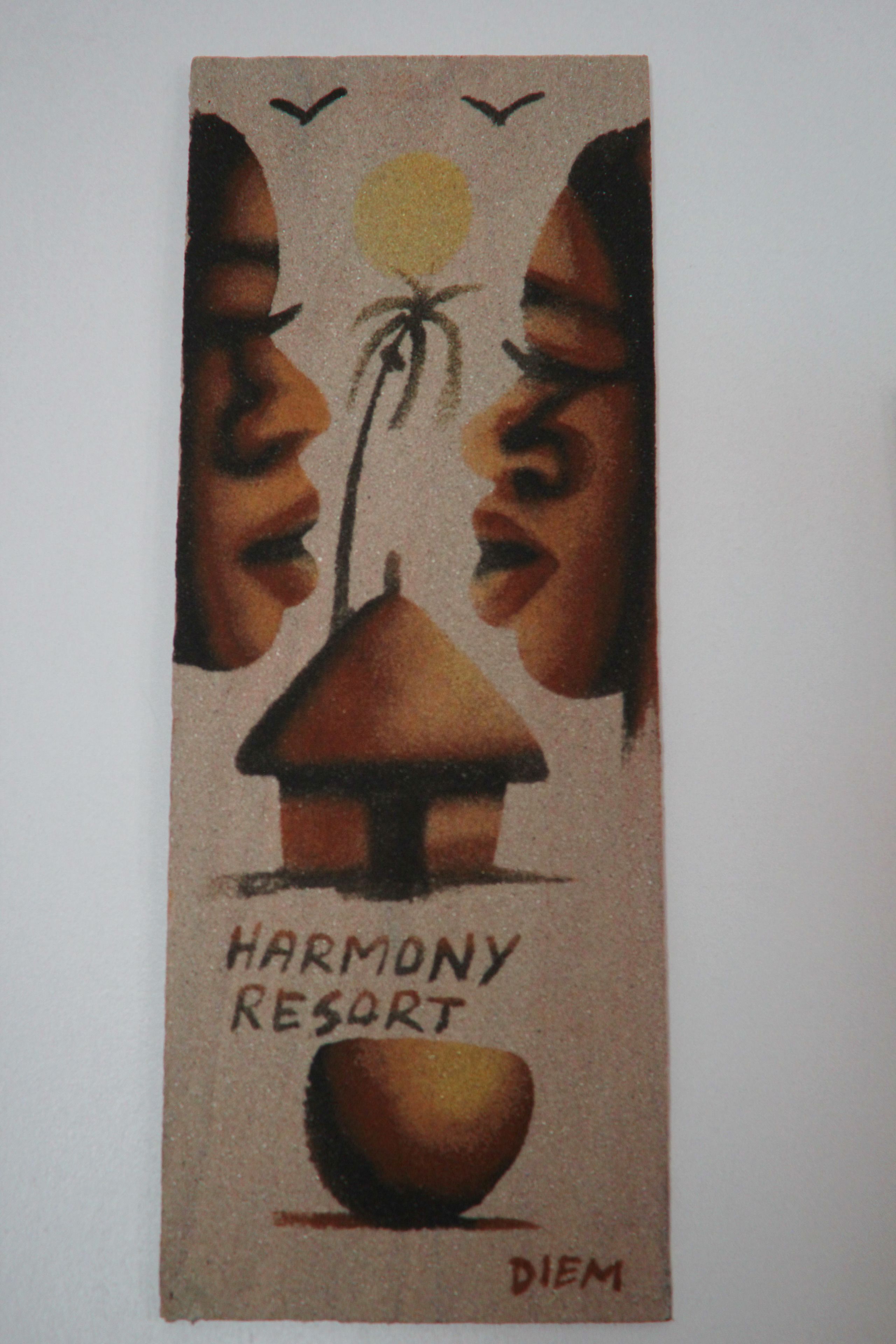Un cartell amb el text 'HARMONY RESORT' i 'DIEM' a la part inferior.