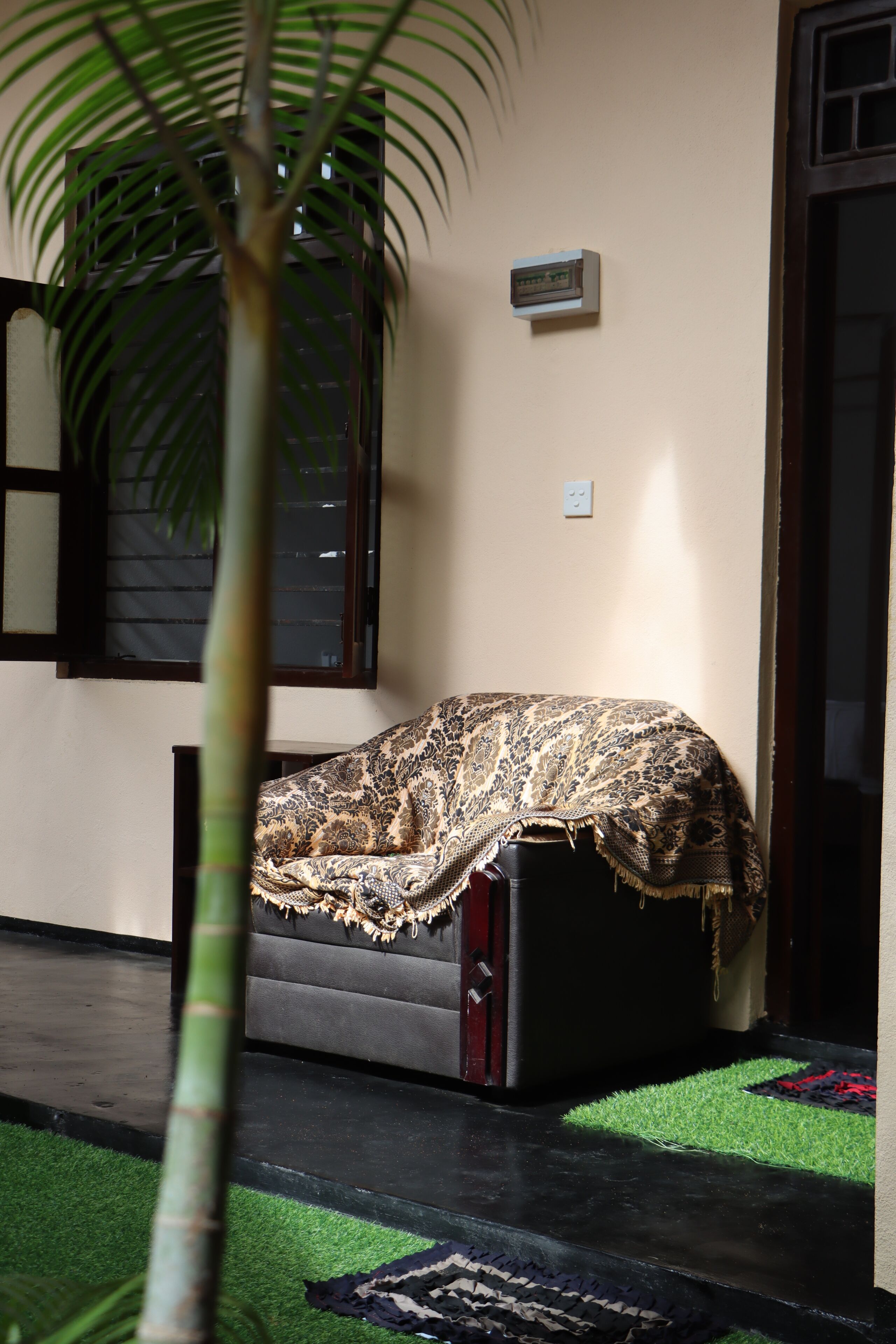 Een kamer met een bank, bedekt met een gebloemd plaid, een kleine plant en een raam met donkere omlijsting.