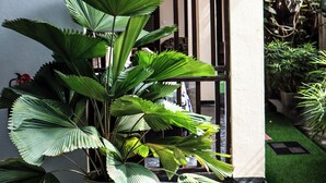 A potted plant in a doorway, a hanging light fixture, and a gated entrance. - Surf & Relax Inn Arugambay (Arugam Bay)