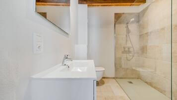 A modern bathroom with a white sink, a toilet, and a glass-enclosed shower area.