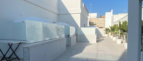 Una terraza en la azotea con un camino largo y estrecho, paredes blancas y plantas en macetas.