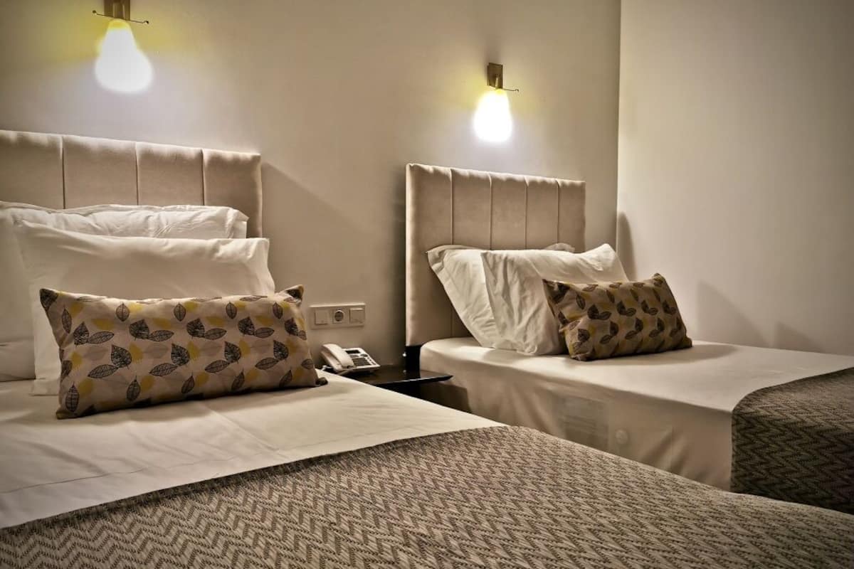 Una habitación de hotel con dos camas, cada una con una almohada estampada y una mesita de noche con una lámpara.