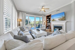 TV, lareira, livros, aparelho de som