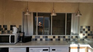 Une cuisine équipée d’un four à micro-ondes, d’une machine à café et d’un lave-vaisselle. Elle comprend trois lampes suspendues et une fenêtre avec vue.