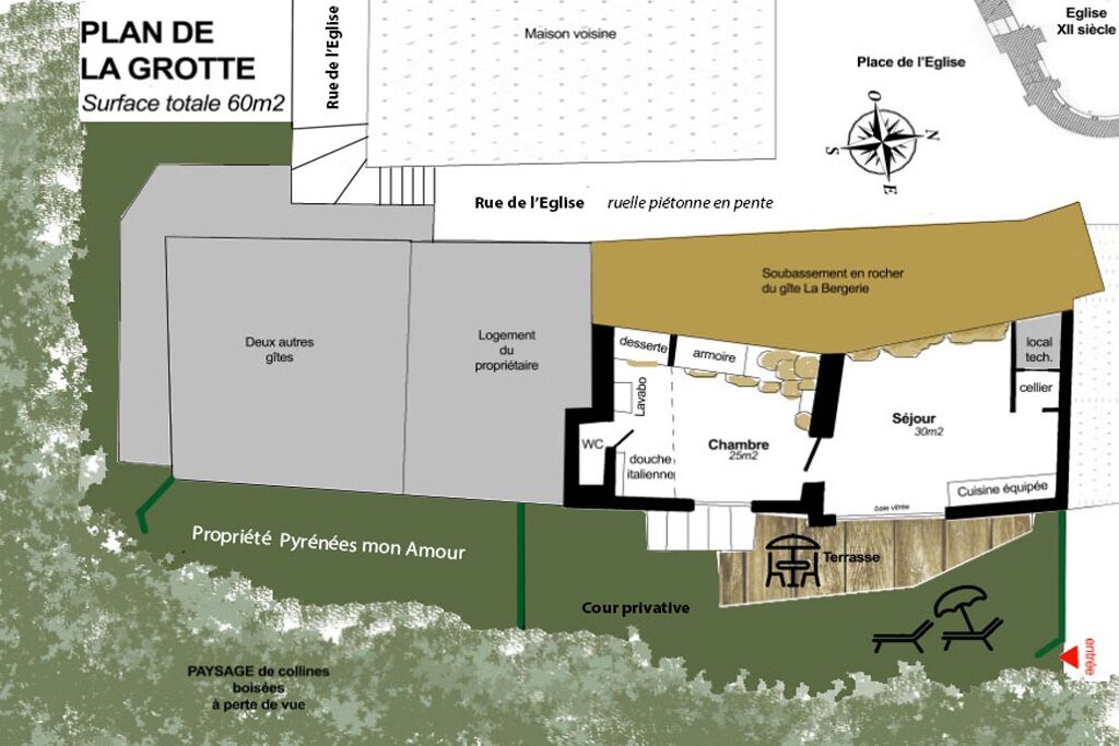 En planritning över en fastighet med en total yta på 60 m², inklusive en innergård, ett gästrum, ett kök och en matplats.