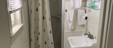 Un baño con inodoro, lavamanos y ducha.