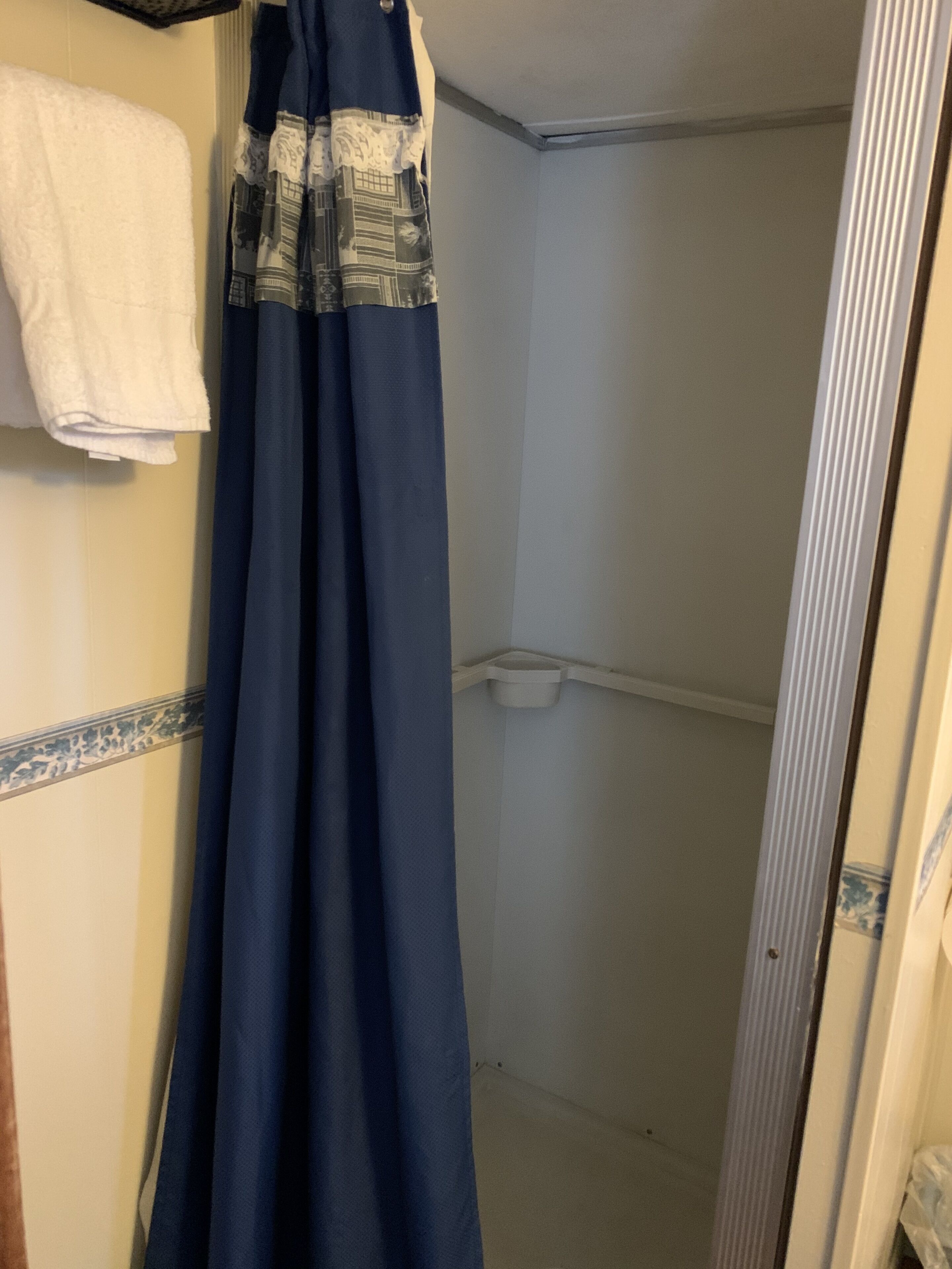 Een badkamer met douchegordijn, handdoekhouder en een klein plankje met een bakje.