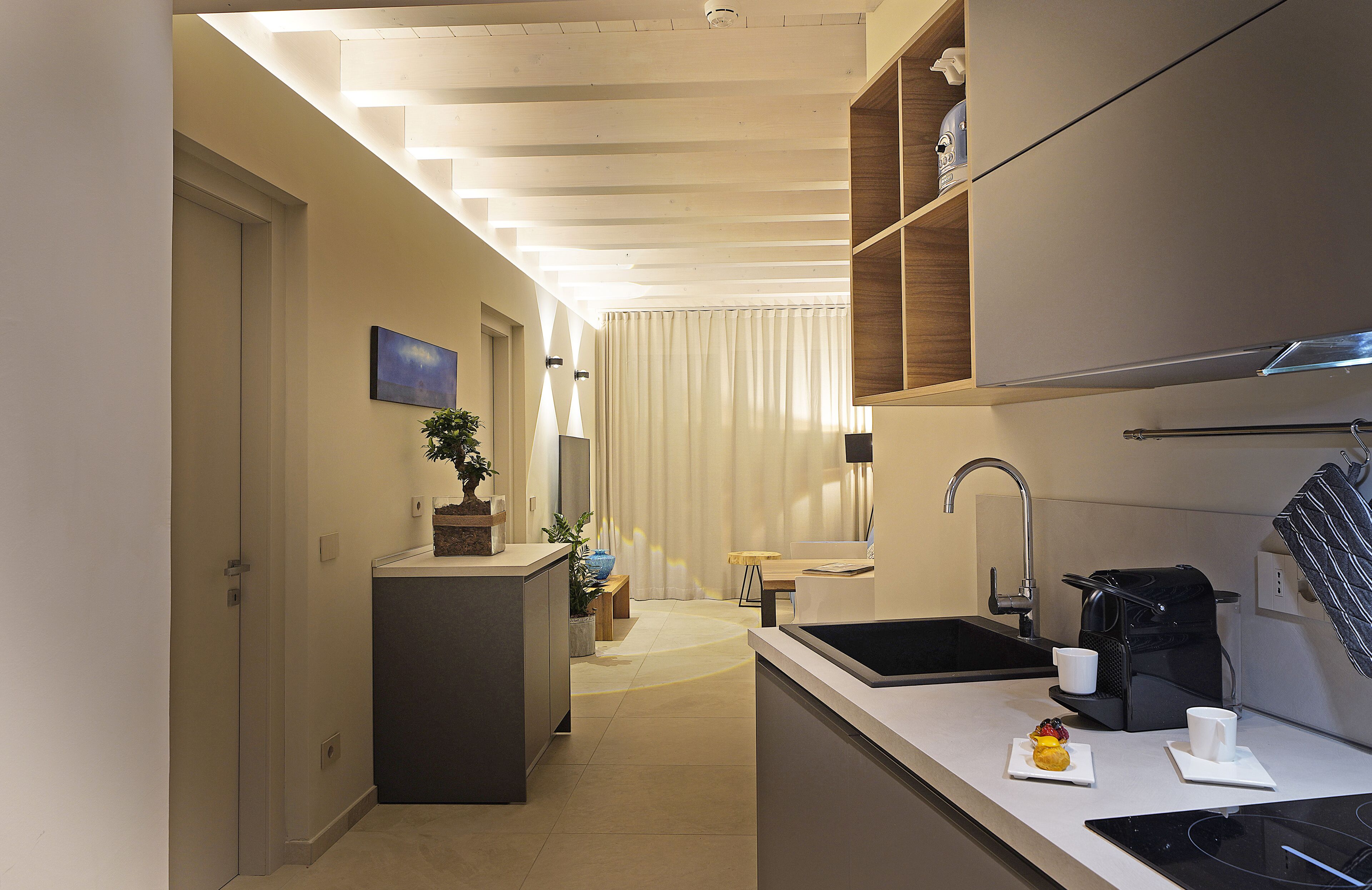 A modern kitchen with a built-in oven, a sink, and a coffee maker. There is a small island with a plant and a cup on it.