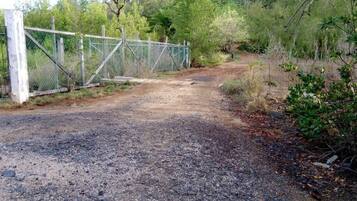 A gravel path leading to a gated area with a metal fence and wooden posts.