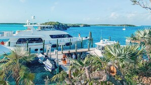 A marina with a large yacht docked, surrounded by palm trees and clear blue water.
