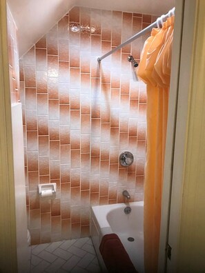 Combined shower/bathtub, towels, soap, shampoo