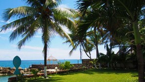Ein tropischer Garten mit Palmen, einer Laube und einer Steinmauer am Meer.