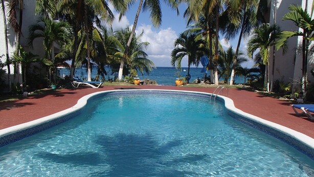 Ein klarer Pool mit einer gefliesten Kante, umgeben von Palmen und Blick auf den Ozean.