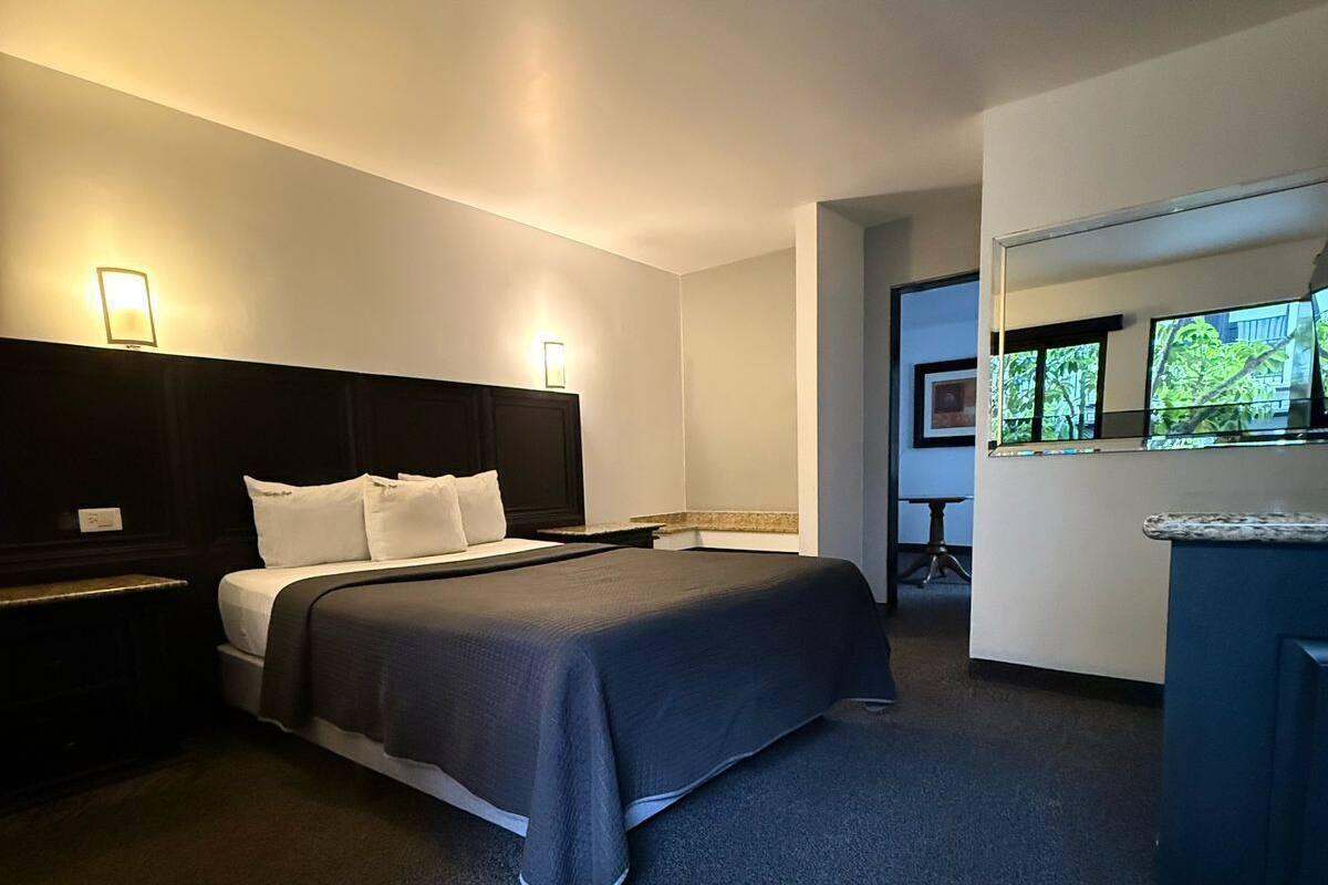 A hotel room with a large bed, a nightstand, a desk, and a TV.