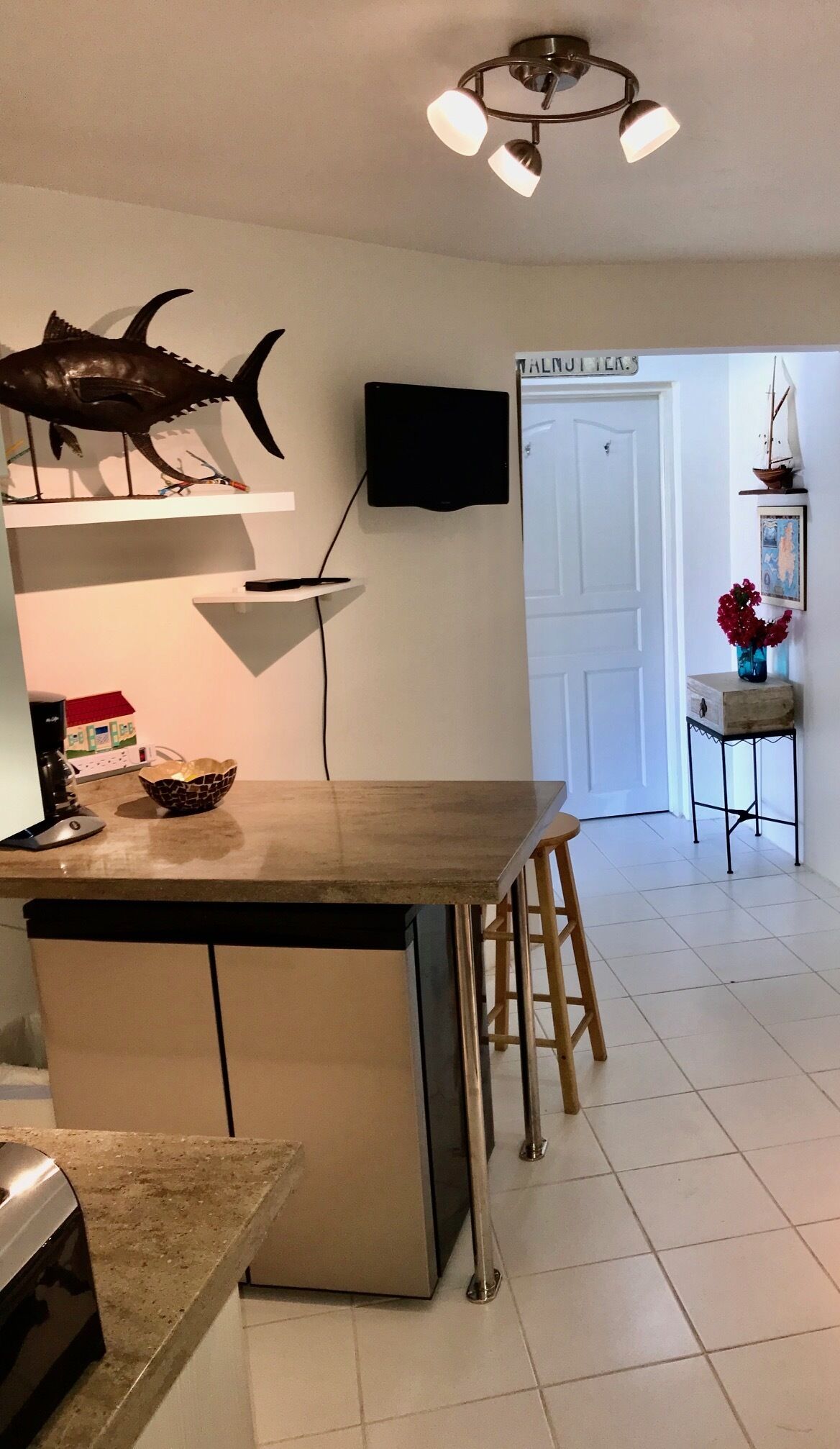 A kitchen with a wooden island, a fish decoration, a flat-screen TV, and a door labeled "MALNUITIER."