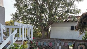 A patio area with outdoor furniture, a wooden fence, and various potted plants. - Exquisite L.B. House Within Walking Distance to Beach and Town (Laguna Beach)