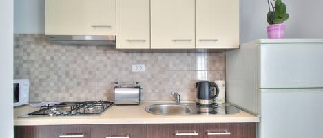 Fridge, microwave, stovetop, coffee/tea maker